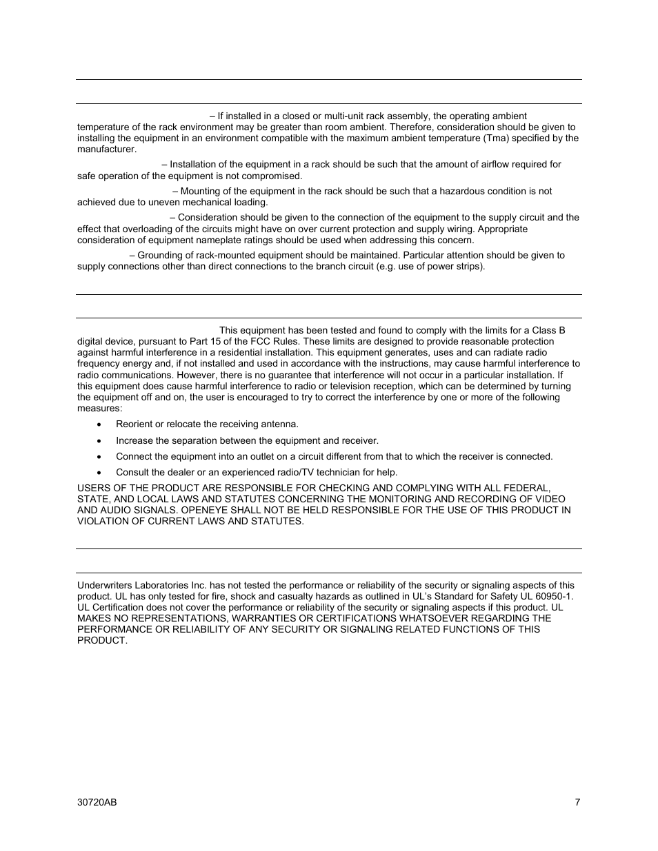 Rack mount instructions, Fcc statement, Ul notice | OpenEye OE5 User Manual | Page 7 / 34