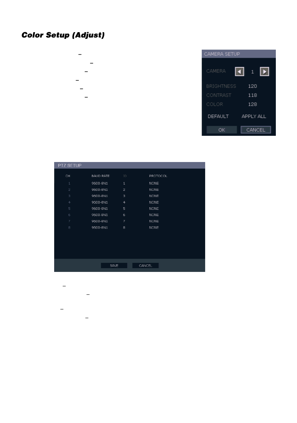 Color setup (adjust), Ptz setup | OpenEye E-Series Slim User Manual | Page 34 / 79