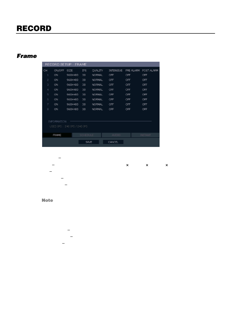 Record, Recording setup, Frame | OpenEye E-Series Slim User Manual | Page 37 / 79