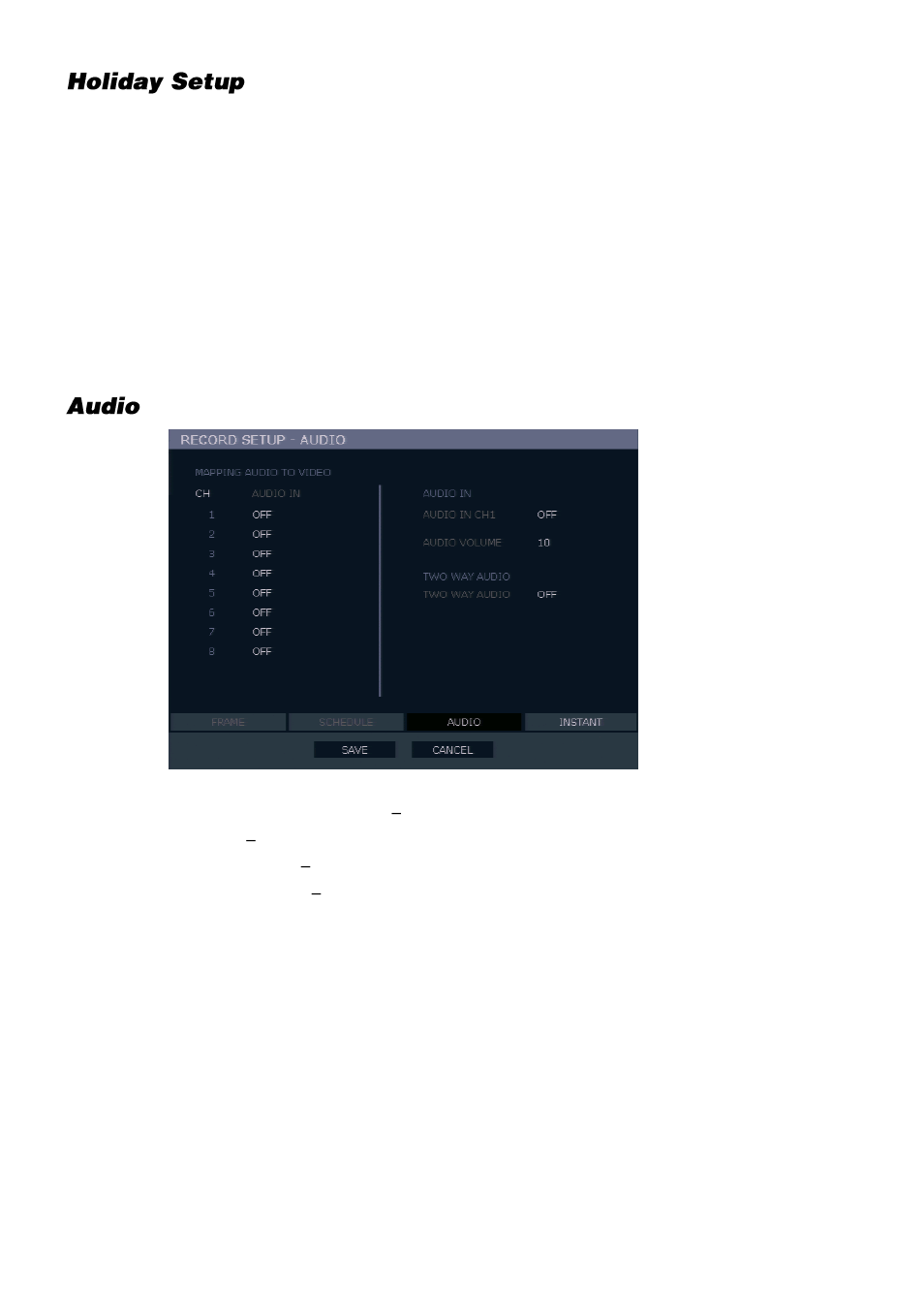 Holiday setup, Audio | OpenEye E-Series Slim User Manual | Page 40 / 79