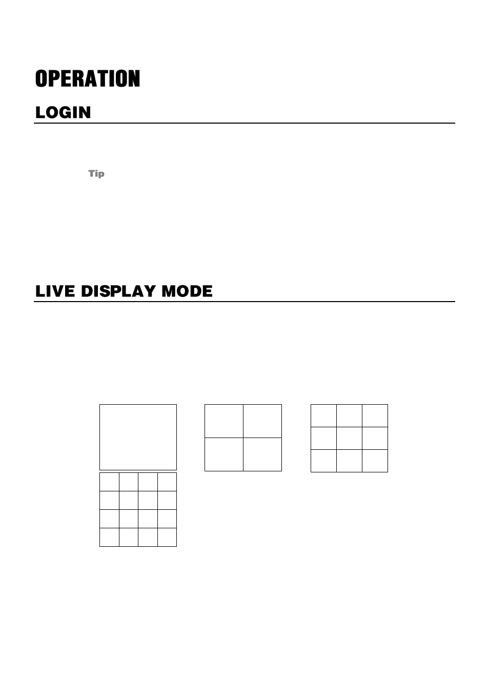 Operation, Login, Default administrator log in | Live display mode, Channel selection | OpenEye E-Series Slim User Manual | Page 55 / 79