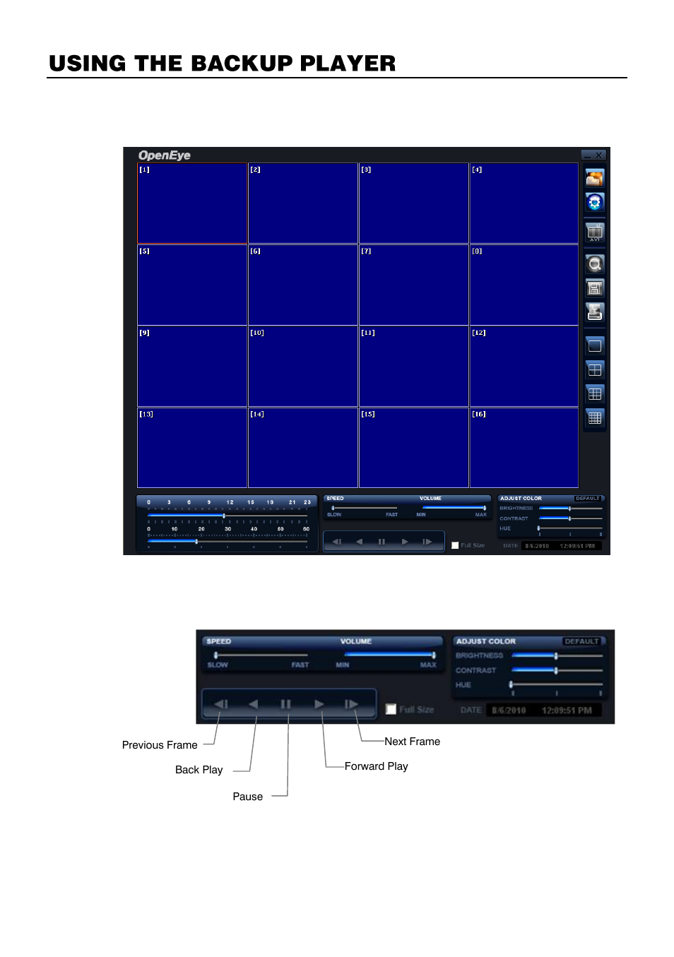 Using the backup player, Controlling backup player | OpenEye E-Series Slim User Manual | Page 64 / 79