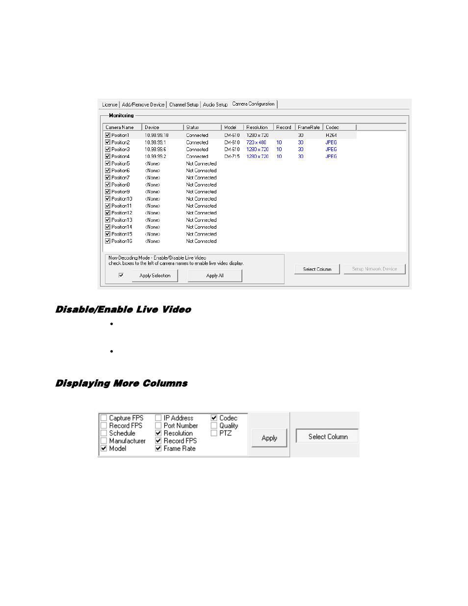 Camera configuration, Disable/enable live video, Displaying more columns | OpenEye Gen5 NVR User Manual | Page 39 / 95