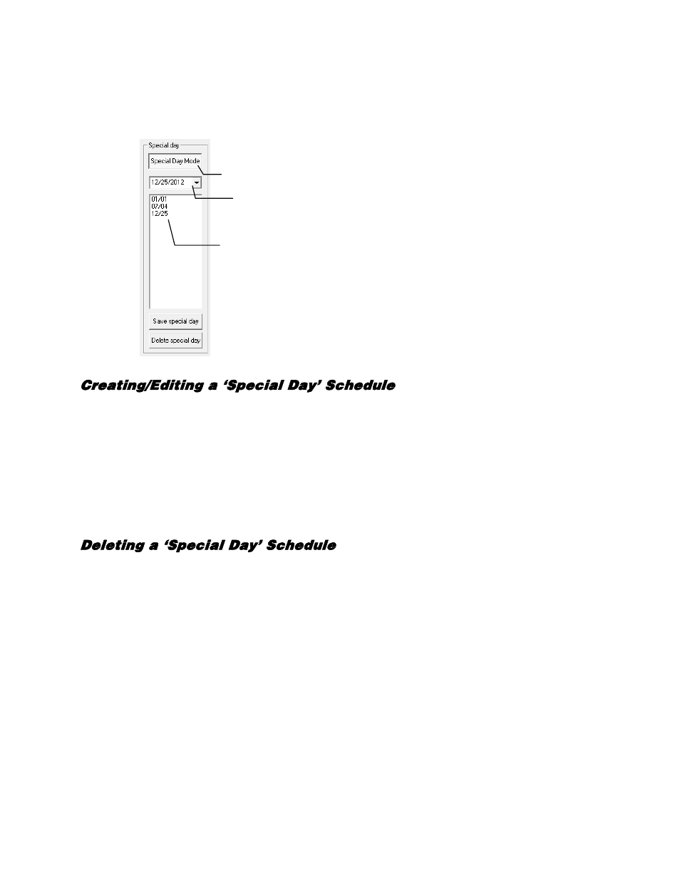 Special day schedule, Creating/editing a ‘special day’ schedule, Deleting a ‘special day’ schedule | OpenEye Gen5 NVR User Manual | Page 51 / 95