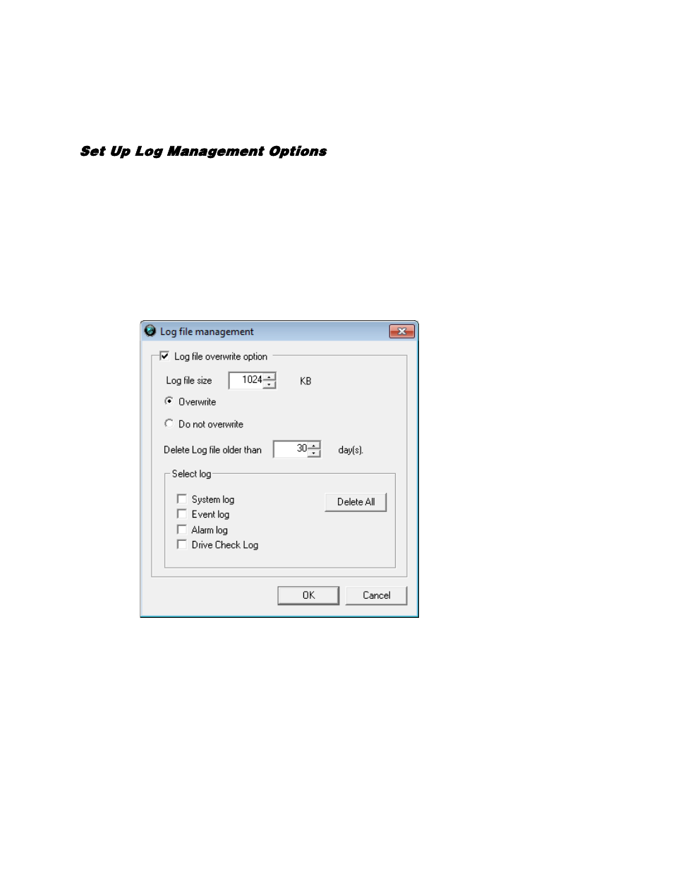 Log management, Set up log management options | OpenEye Gen5 NVR User Manual | Page 58 / 95