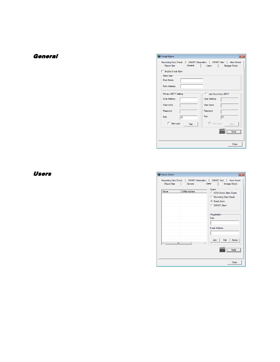 Status check / email, General, Users | OpenEye Gen5 NVR User Manual | Page 59 / 95