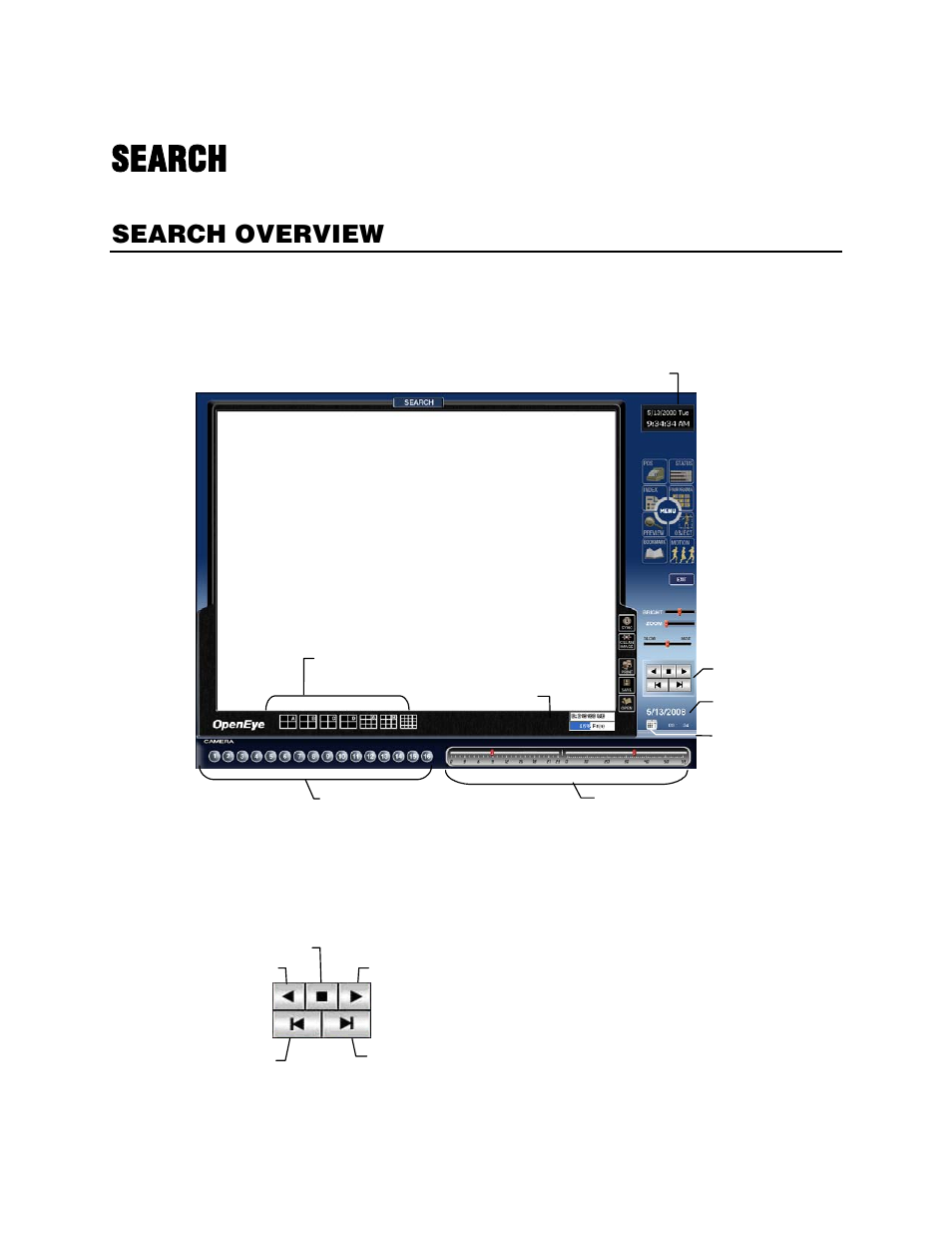 Search, Search overview, Play controls | OpenEye Gen5 NVR User Manual | Page 64 / 95
