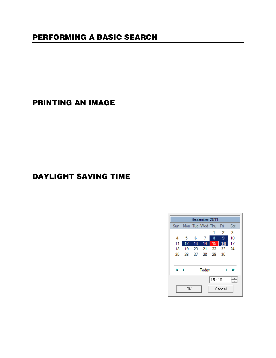 Performing a basic search, Printing an image, Daylight saving time | OpenEye Gen5 NVR User Manual | Page 66 / 95