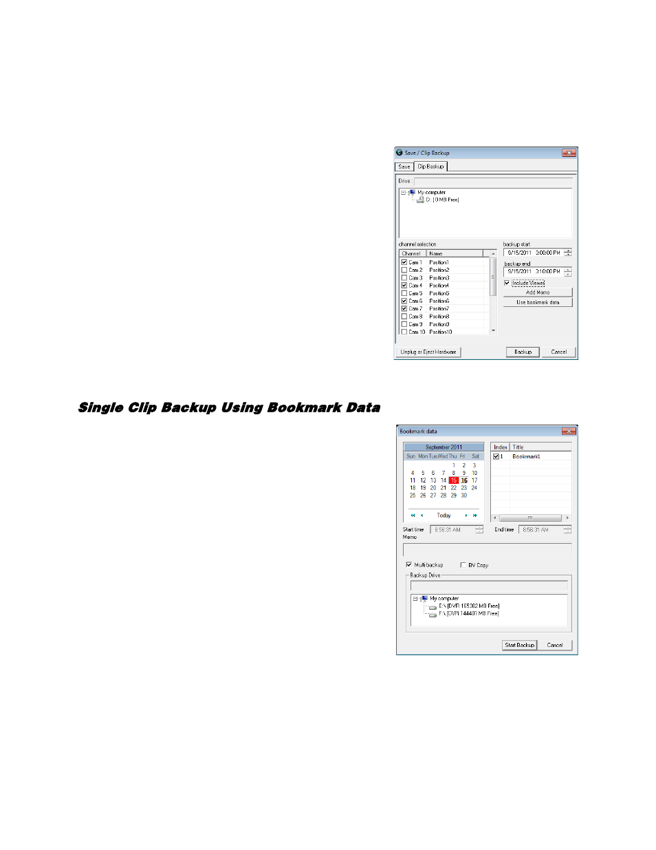 Clip backup, Single clip backup using bookmark data | OpenEye Gen5 NVR User Manual | Page 69 / 95