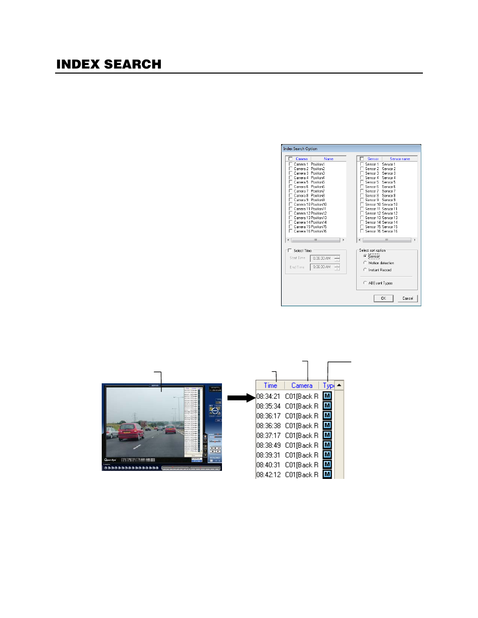 Index search, Performing an index search, Index search results display | OpenEye Gen5 NVR User Manual | Page 70 / 95