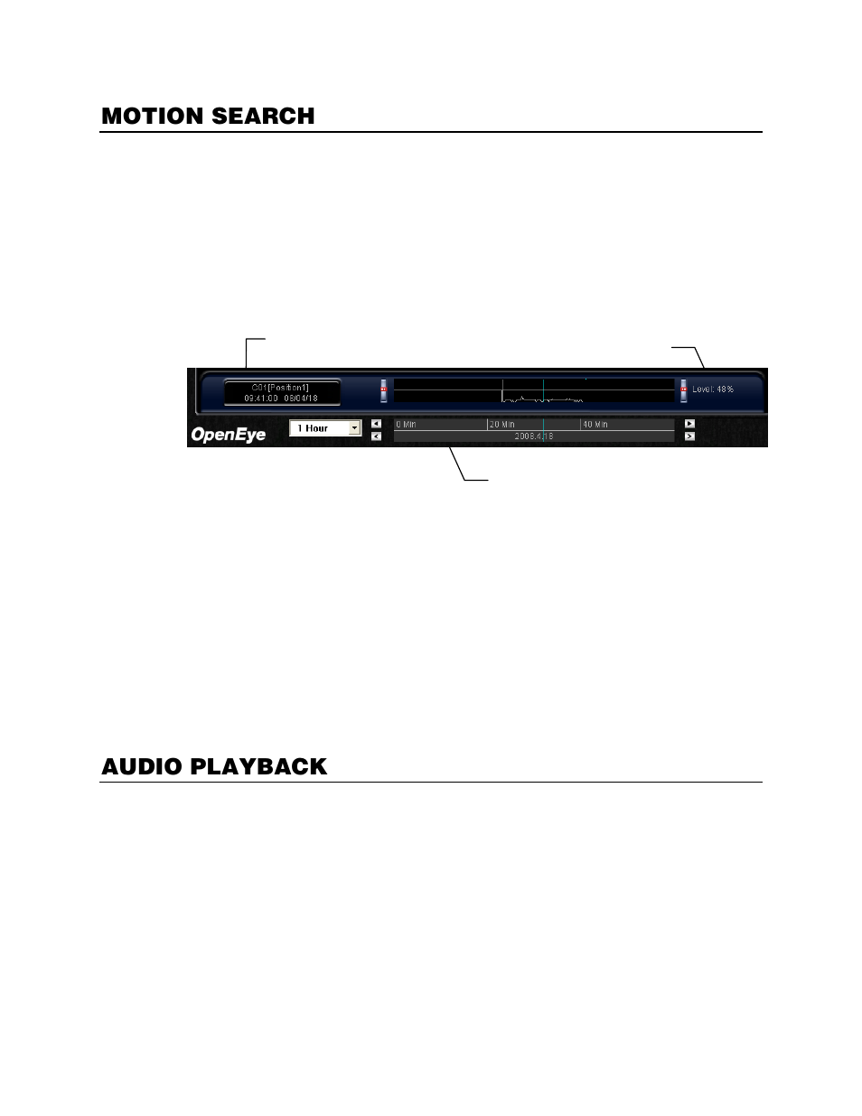 Motion search, Performing a motion search, Audio playback | OpenEye Gen5 NVR User Manual | Page 74 / 95
