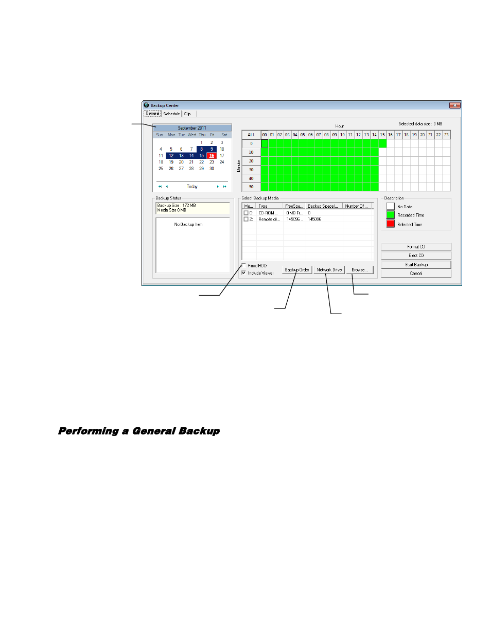 General screen overview, Performing a general backup | OpenEye Gen5 NVR User Manual | Page 77 / 95