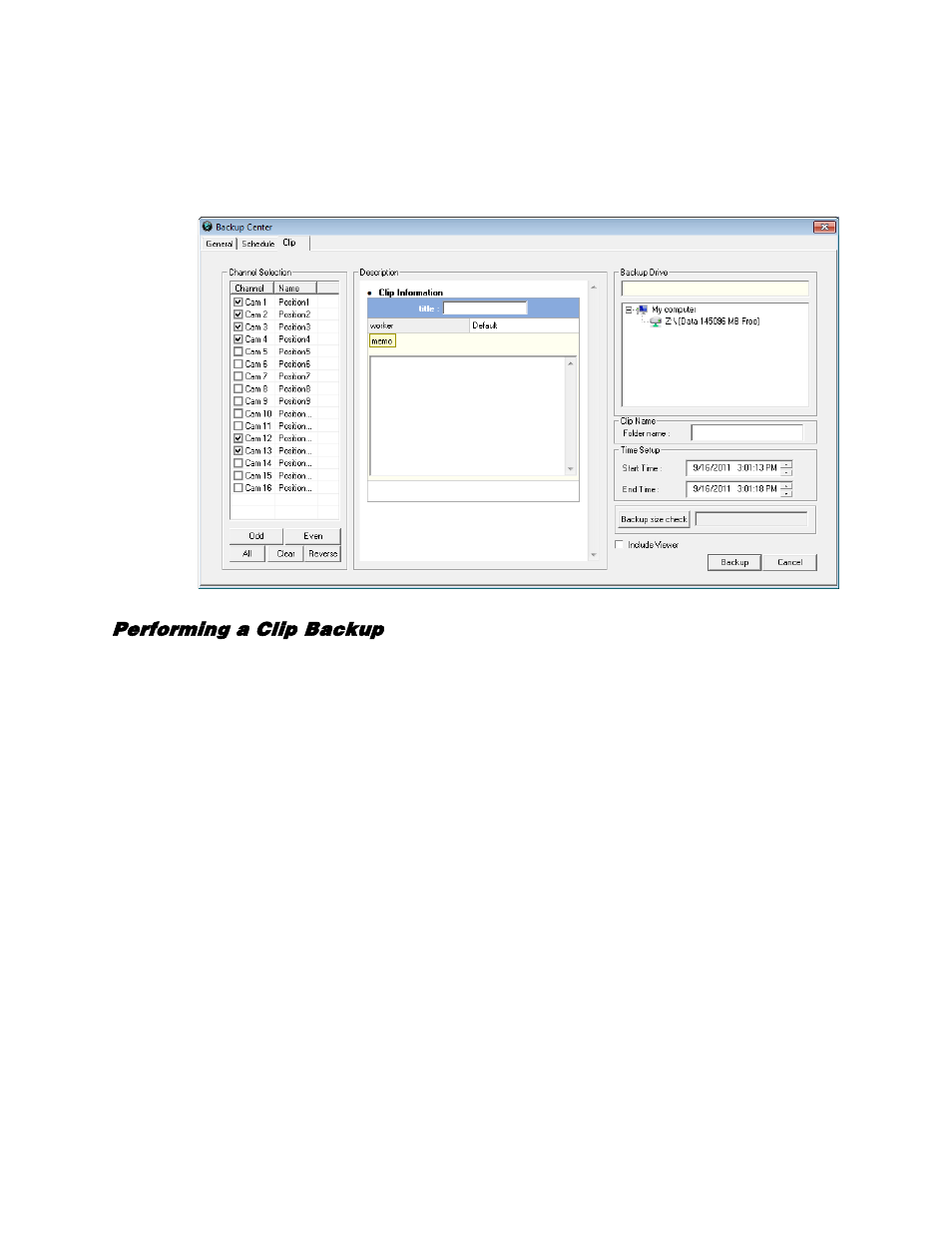 Clip screen overview, Performing a clip backup | OpenEye Gen5 NVR User Manual | Page 78 / 95