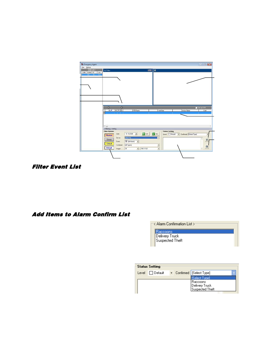 Emergency agent window, Filter event list, Add items to alarm confirm list | OpenEye Gen5 NVR User Manual | Page 87 / 95