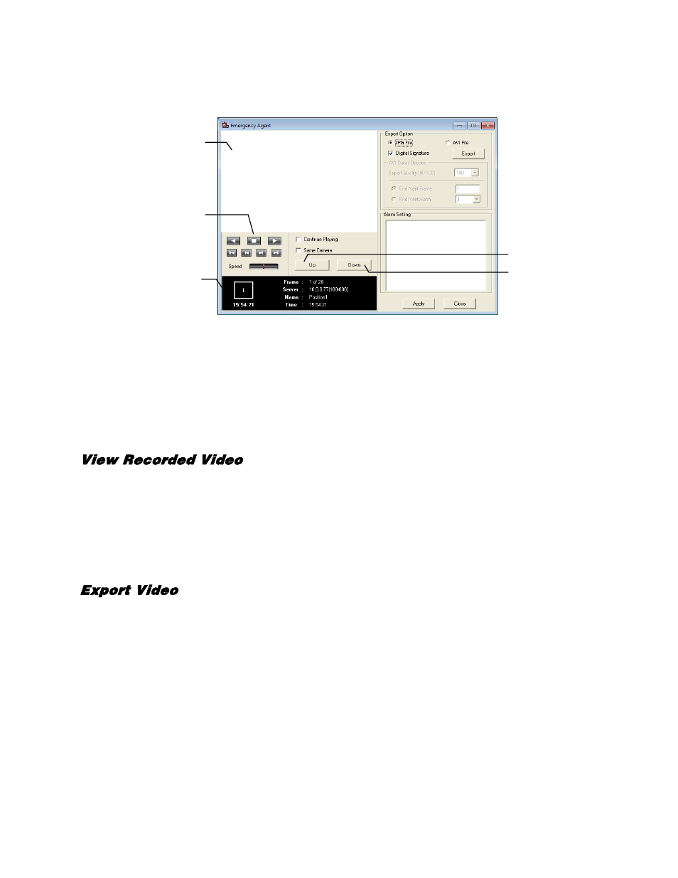 Search alarm window, View recorded video, Export video | OpenEye Gen5 NVR User Manual | Page 88 / 95