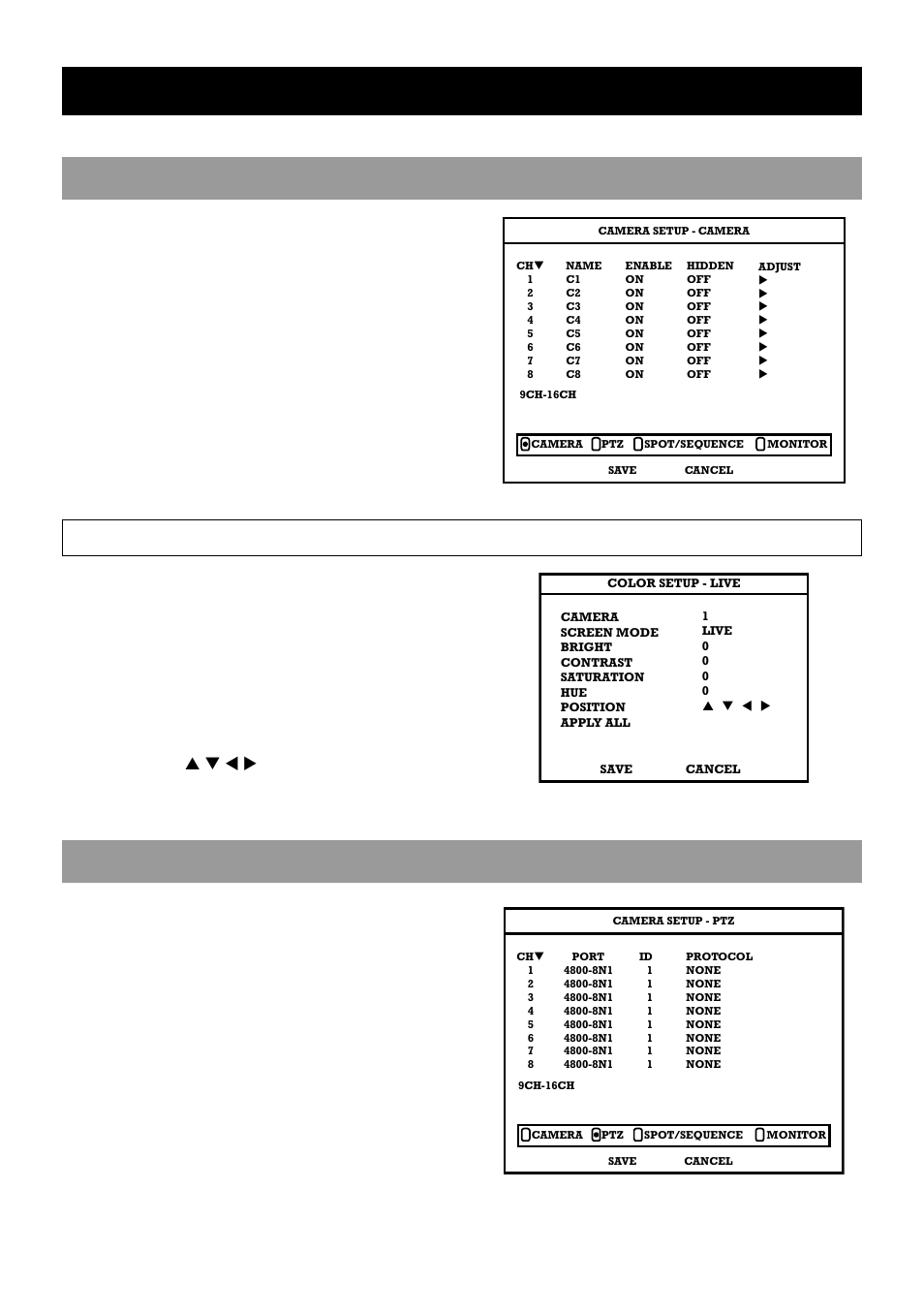 Camera, Camera setup, Color setup (adjust) | Ptz setup, Set ptz details for each channel | OpenEye OE2-E120 User Manual | Page 29 / 75