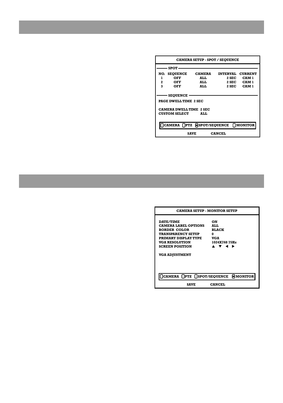 Spot /sequence setup, Monitor setup | OpenEye OE2-E120 User Manual | Page 30 / 75