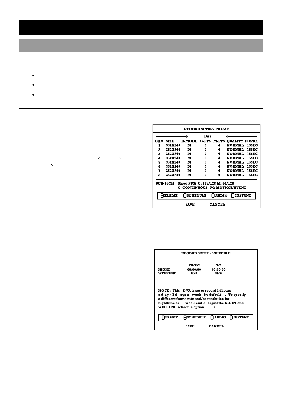 Record, Record setup, Frame setup | Schedule setup | OpenEye OE2-E120 User Manual | Page 31 / 75