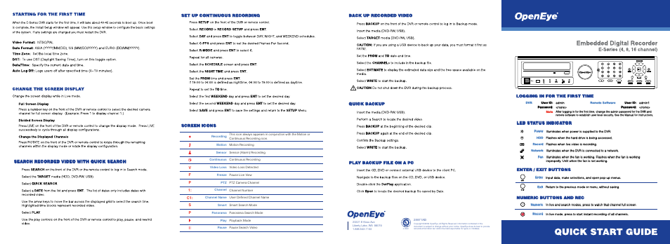 OpenEye OE2-E120 Quick Start User Manual | 2 pages