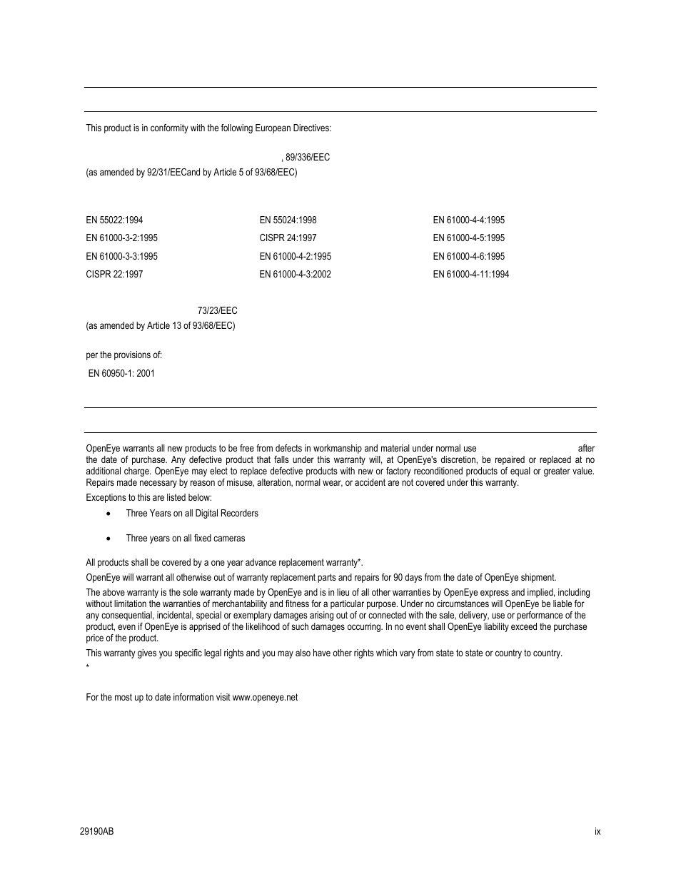Ce notice, Standard warranty | OpenEye OE4 User Manual | Page 9 / 42