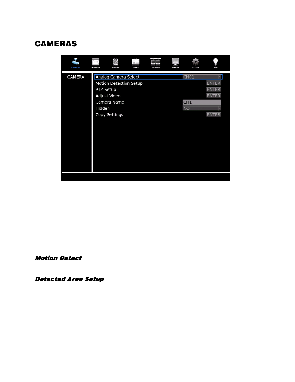 Cameras, Analog camera select, Motion detection setup | Motion detect, Detected area setup | OpenEye EasyDVR User Manual | Page 38 / 90