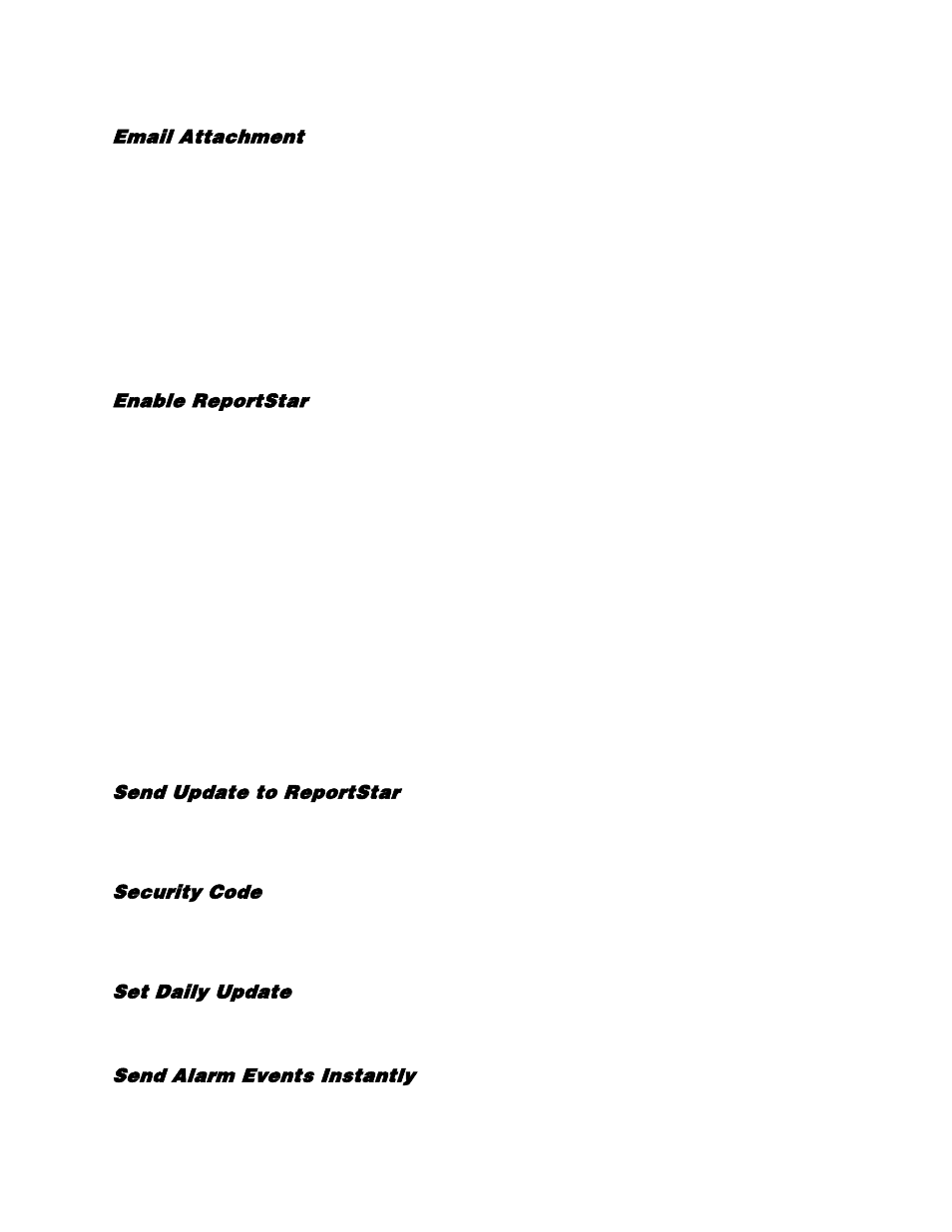 Email attachment, Reportstar setup, Enable reportstar | Send update to reportstar, Security code, Set daily update, Send alarm events instantly | OpenEye EasyDVR User Manual | Page 53 / 90