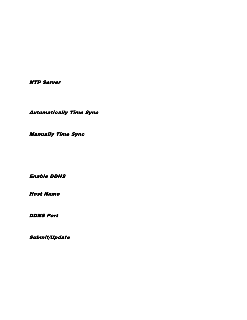 Network time protocol setup, Ntp server, Automatically time sync | Manually time sync, Ddns setup, Enable ddns, Host name, Ddns port, Submit/update | OpenEye EasyDVR User Manual | Page 55 / 90