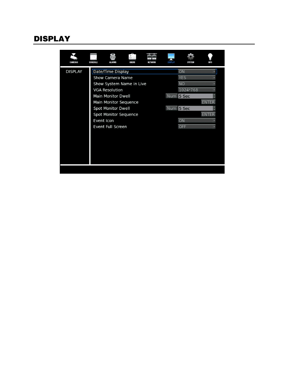 Display, Date/time display, Show camera name | Show system name in live, Vga resolution | OpenEye EasyDVR User Manual | Page 57 / 90