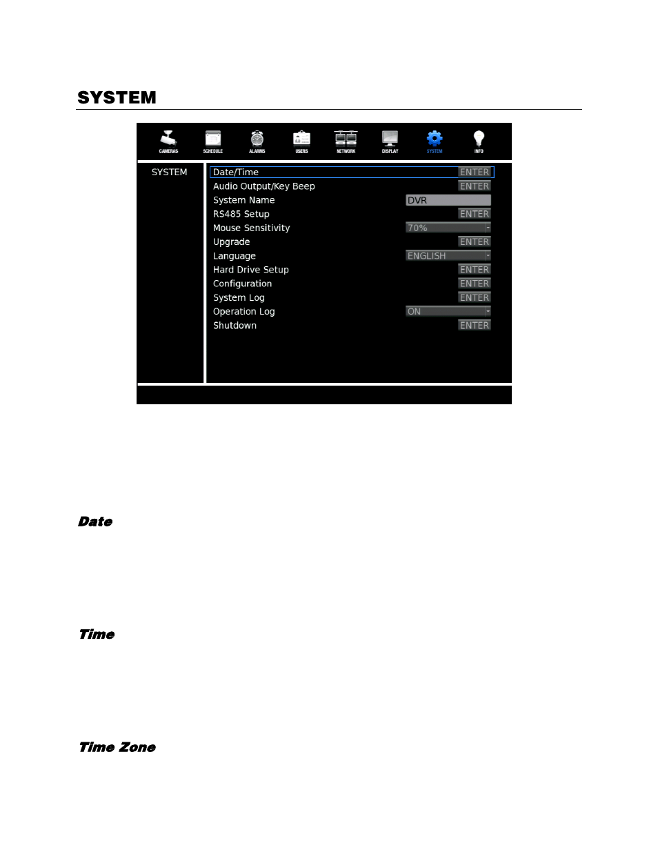 System, Date/time, Date | Time, Time zone | OpenEye EasyDVR User Manual | Page 60 / 90