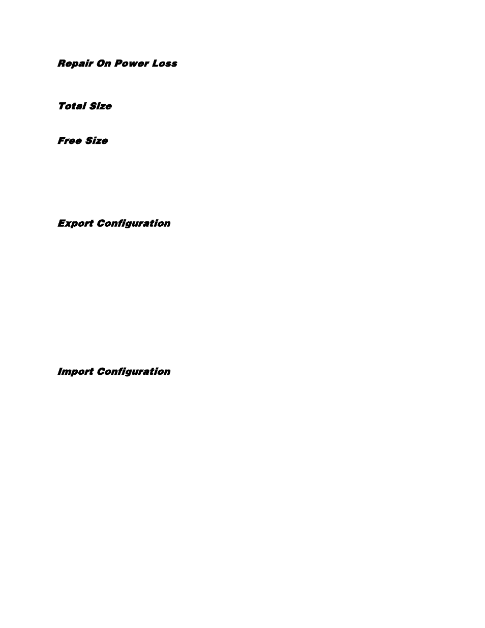 Repair on power loss, Total size, Free size | Configuration, Export configuration, Import configuration | OpenEye EasyDVR User Manual | Page 64 / 90