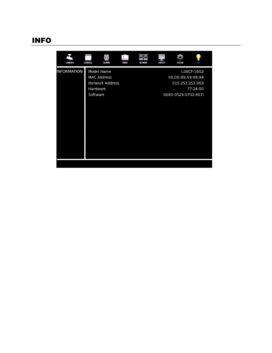 Info, Model name, Mac address | Network address, Hardware, Software | OpenEye EasyDVR User Manual | Page 67 / 90