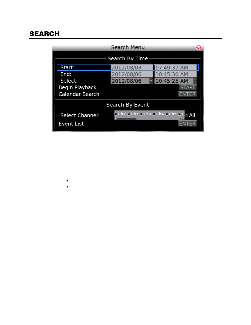 Search, Play first or last video, Select a date and time to play | OpenEye EasyDVR User Manual | Page 73 / 90