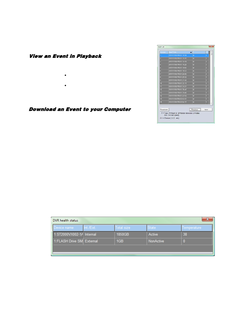 Event (search), View an event in playback, Download an event to your computer | Snapshot, Health | OpenEye EasyDVR User Manual | Page 88 / 90