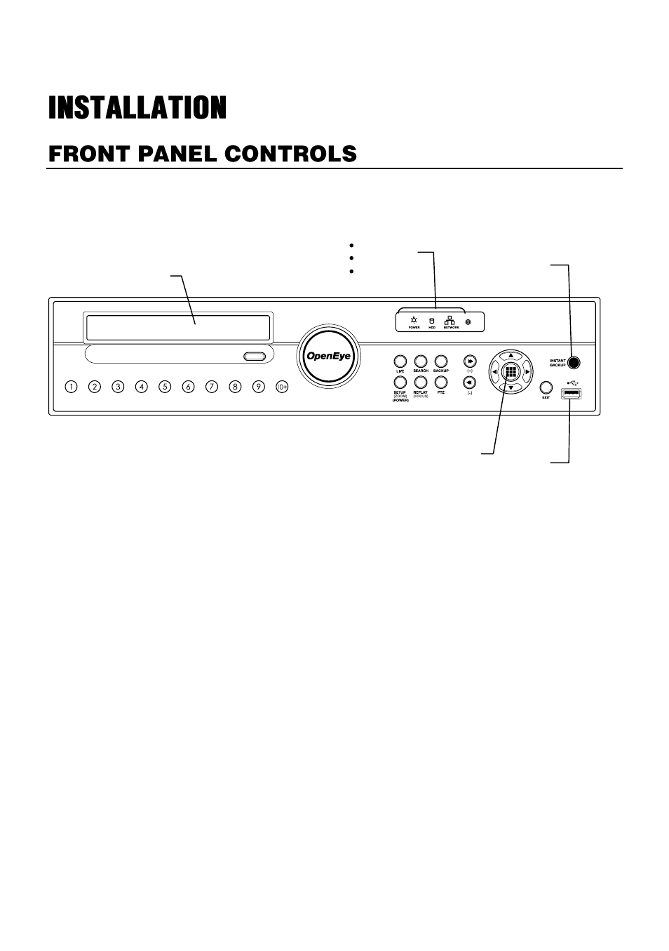 Installation, Front panel controls | OpenEye OE3 E-Series User Manual | Page 18 / 85