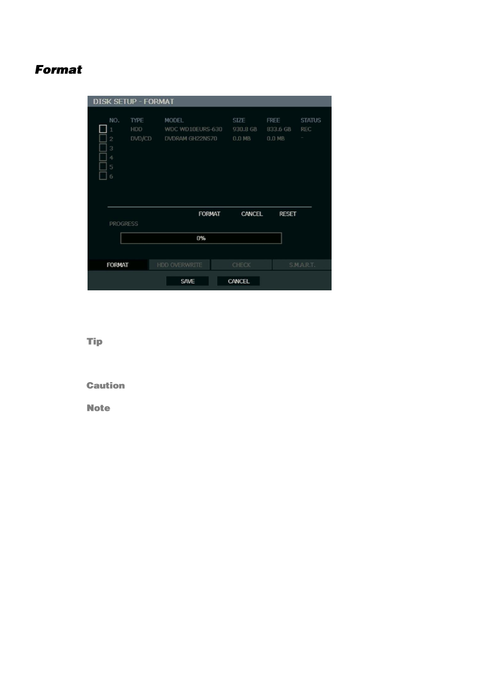 Disk setup, Format | OpenEye OE3 E-Series User Manual | Page 30 / 85