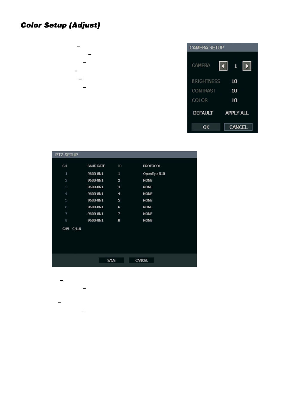 Color setup (adjust), Ptz setup | OpenEye OE3 E-Series User Manual | Page 36 / 85