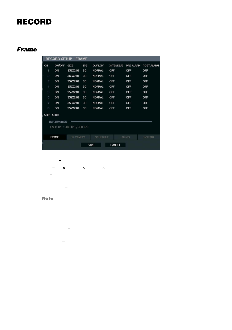 Record, Recording setup, Frame | OpenEye OE3 E-Series User Manual | Page 39 / 85