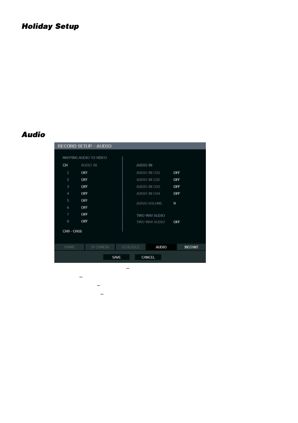Holiday setup, Audio | OpenEye OE3 E-Series User Manual | Page 43 / 85