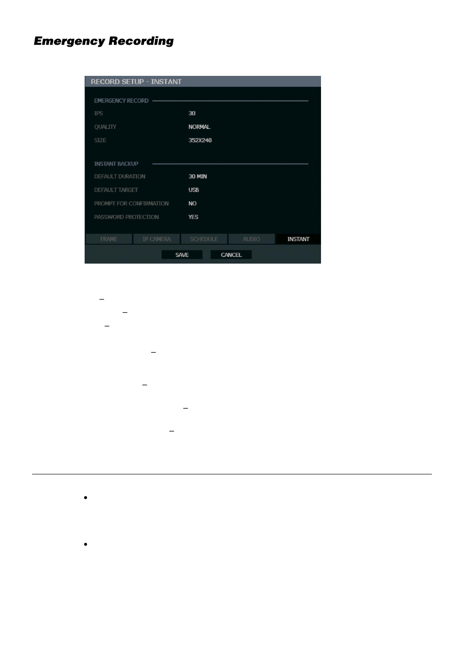 Emergency recording, Using emergency recording | OpenEye OE3 E-Series User Manual | Page 44 / 85