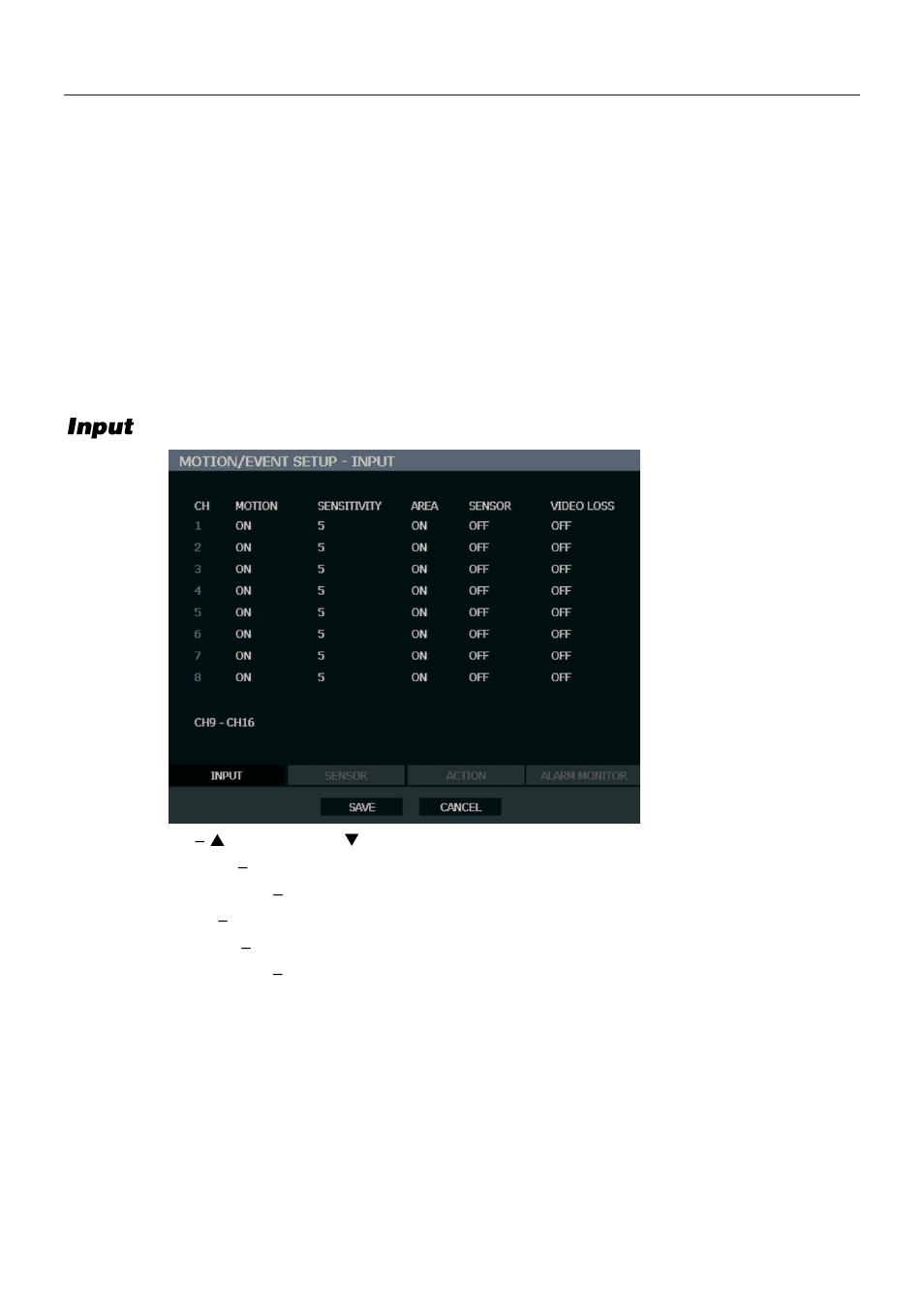 Using instant backup, Motion/event setup, Input | Motion/event, E motion/event s | OpenEye OE3 E-Series User Manual | Page 45 / 85