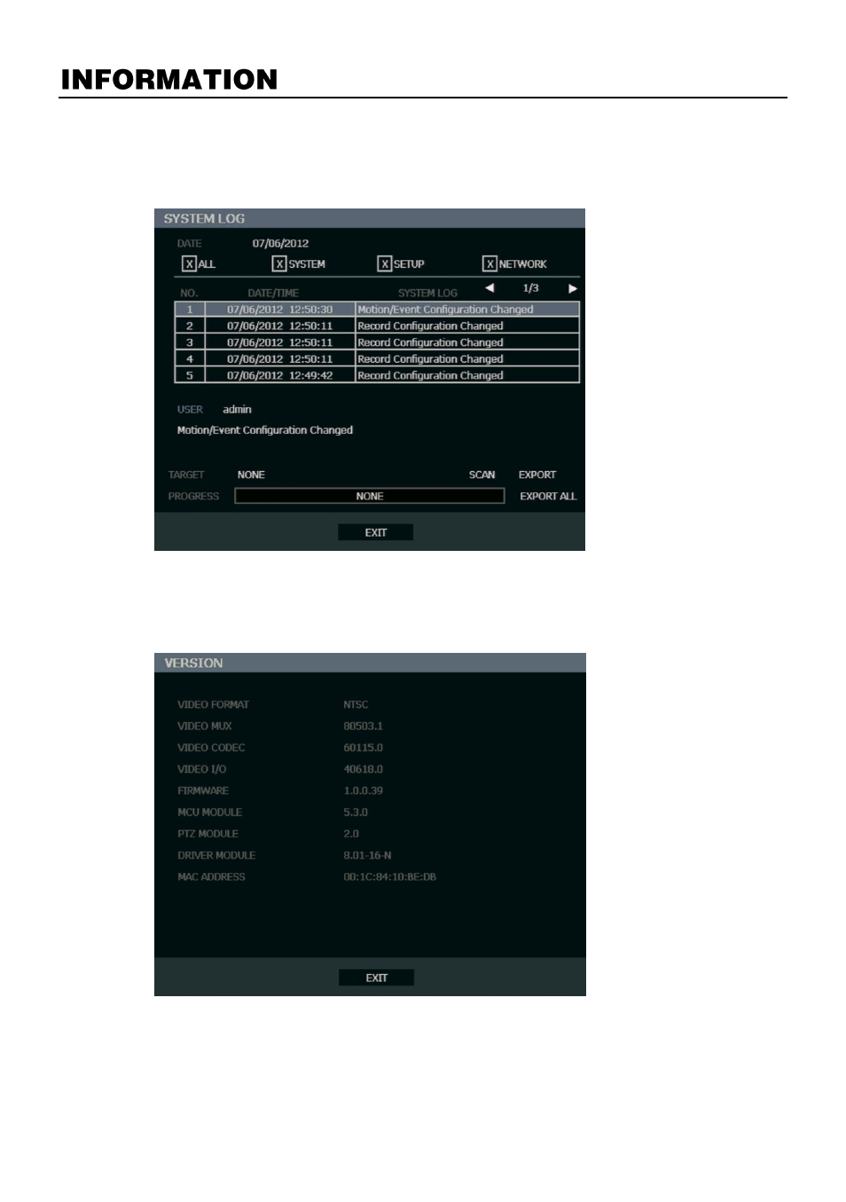 Information, System log view, Version view | OpenEye OE3 E-Series User Manual | Page 54 / 85