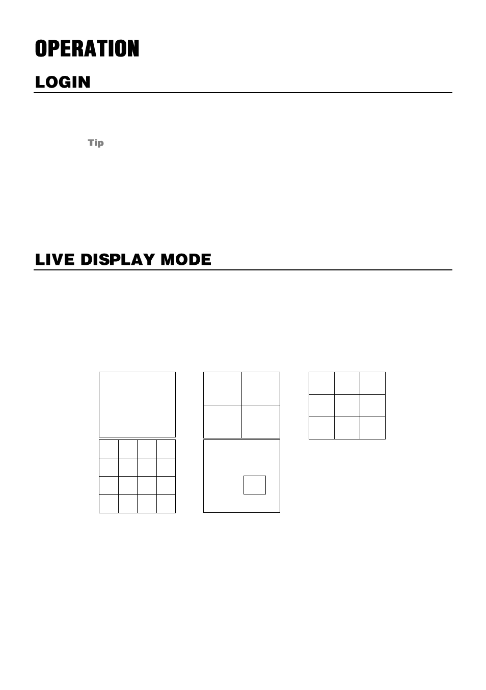 Operation, Login, Default administrator log in | Live display mode, Channel selection | OpenEye OE3 E-Series User Manual | Page 58 / 85