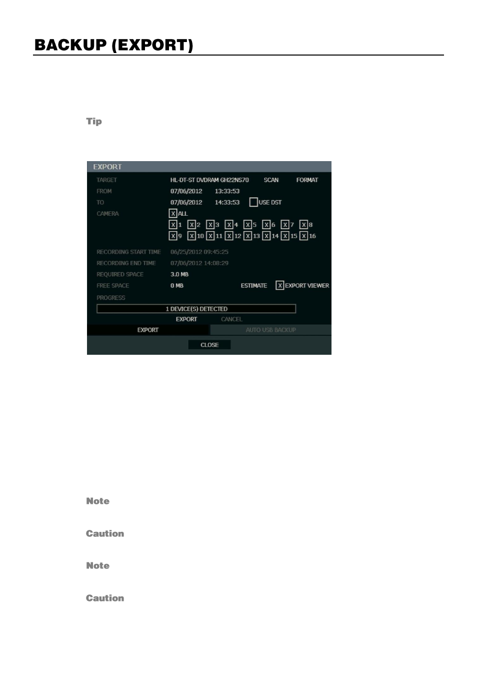 Backup (export), Manual export | OpenEye OE3 E-Series User Manual | Page 66 / 85