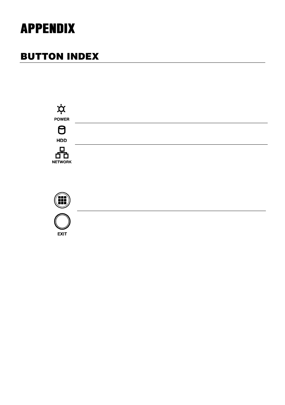 Appendix, Button index, Led status indicators | Enter / exit buttons | OpenEye OE3 E-Series User Manual | Page 78 / 85