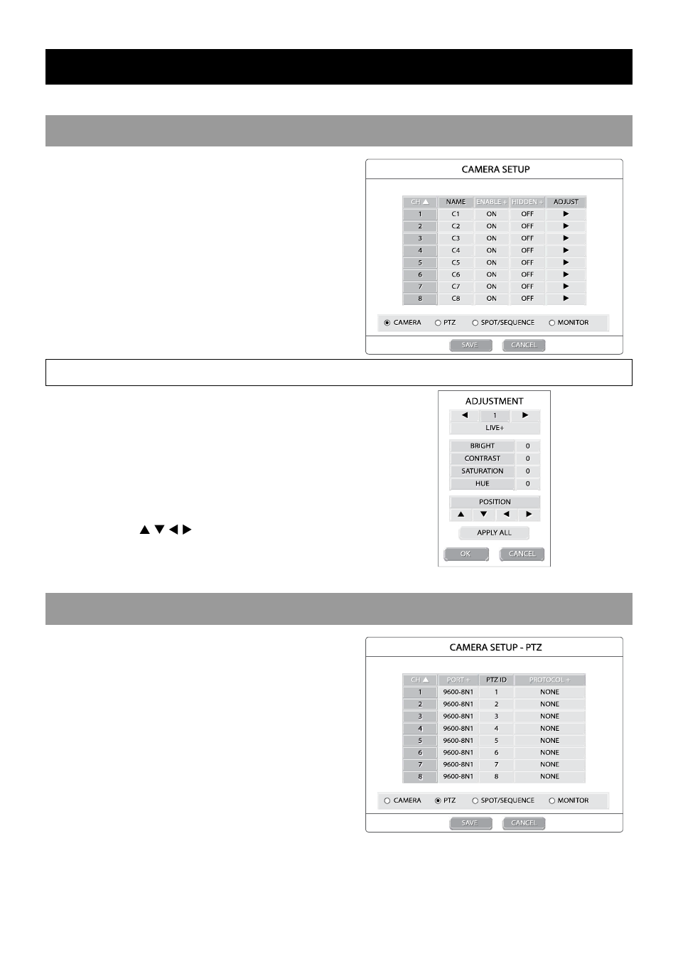 Camera, Camera setup, Adjust camera settings | Ptz setup | OpenEye OE2-E480 User Manual | Page 28 / 72