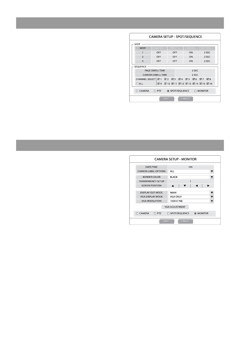 Spot/sequence setup, Monitor / osd setup | OpenEye OE2-E480 User Manual | Page 29 / 72