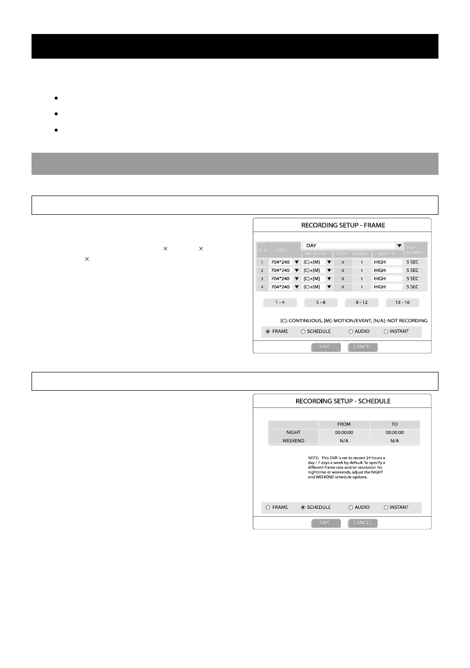 Record, Schedule/time setup, Frame setup | Schedule setup | OpenEye OE2-E480 User Manual | Page 30 / 72