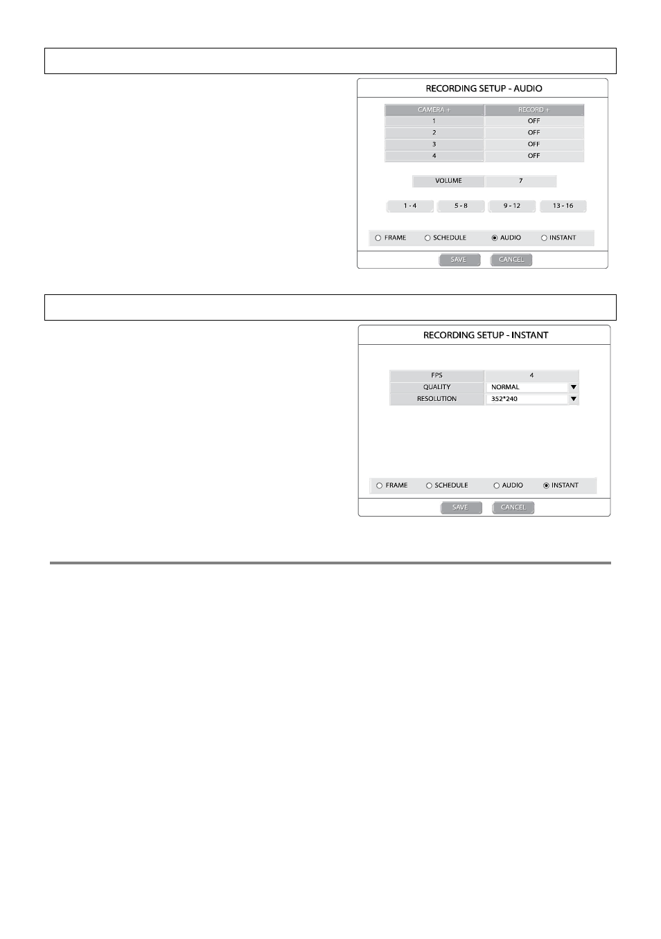 Audio setup, Instant recording setup, Instant recording | OpenEye OE2-E480 User Manual | Page 31 / 72