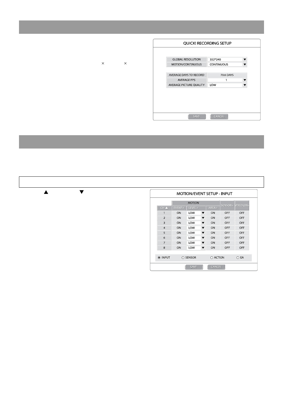 Quick record setup, Motion/event setup, Input setup | OpenEye OE2-E480 User Manual | Page 32 / 72