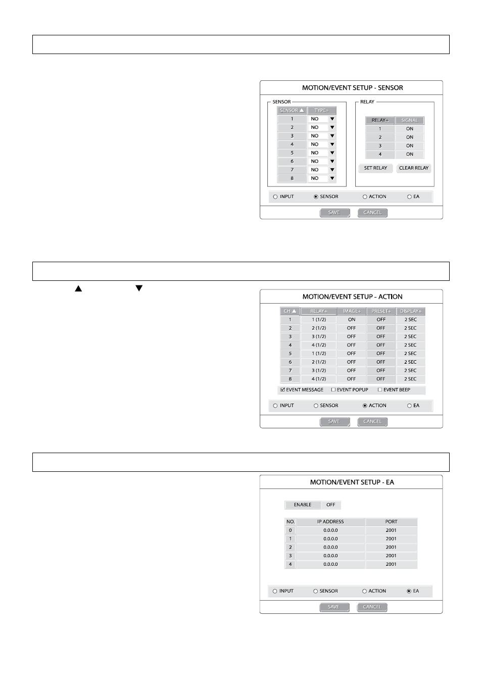 Sensor setup, Action setup, Ea (emergency agent) | OpenEye OE2-E480 User Manual | Page 33 / 72